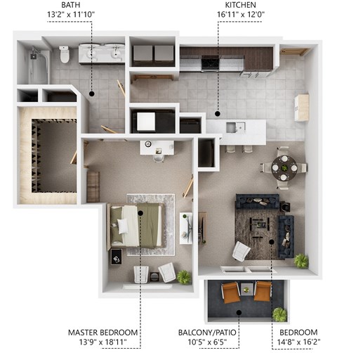 Floor plan for 1 bed, 1 bath, 845 sqft